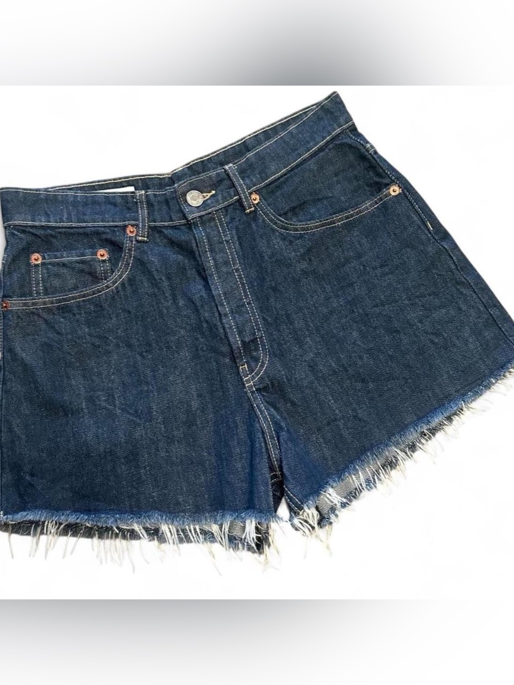 NWOT Zara Crisp Dark Wash High Rise Denim Shorts Raw Frayed Hem Button Fly